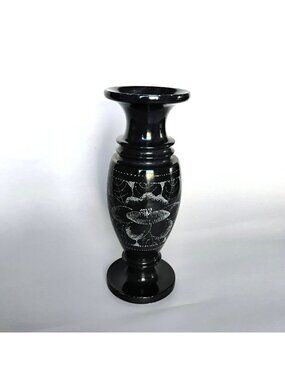 Vintage Etched Flower Pattern Black Marble Vase 8" with Lotus Floral Engraving